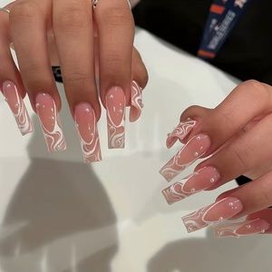 NEW: Long Coffin Press On Nude Pink With White Swirl Line Design